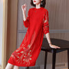 DEAT Women Midi Dress Flower Print Knit Round Seven Sleeve Thick Casual Style Loose Elegant Lady 2022 Autumn 15AK640