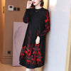 DEAT Women Midi Dress Flower Print Knit Round Seven Sleeve Thick Casual Style Loose Elegant Lady 2022 Autumn 15AK640