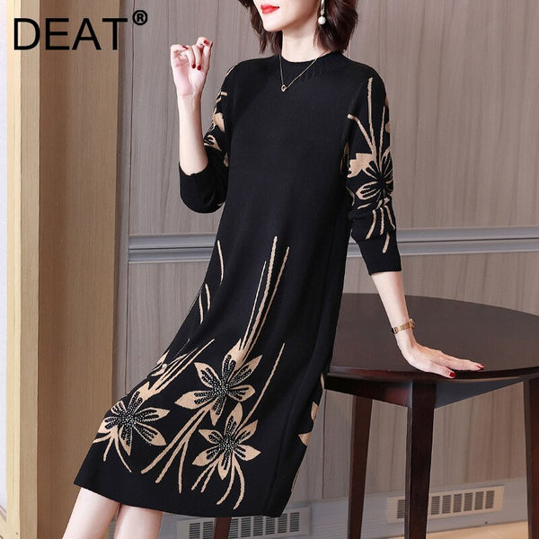 DEAT Women Midi Dress Flower Print Knit Round Seven Sleeve Thick Casual Style Loose Elegant Lady 2022 Autumn 15AK640
