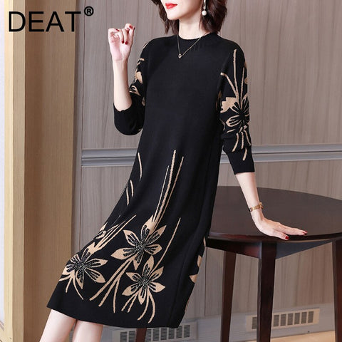 DEAT Women Midi Dress Flower Print Knit Round Seven Sleeve Thick Casual Style Loose Elegant Lady 2022 Autumn 15AK640
