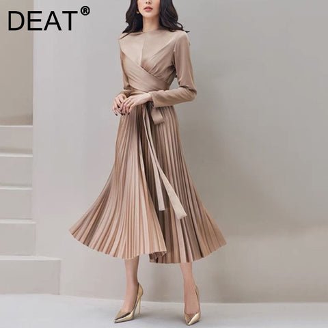 DEAT Women Midi Dress Folds With Sashes Cross Round Collar Full  Sleeve Formal Style Elegant Dresses 2022 Autumn 15AK794