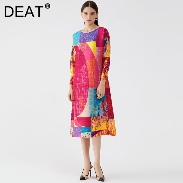 DEAT Women Midi Pleated Dress Print Hit Color Seven Sleeve Round Collar Casual Style Elastic 2022 Autumn 15JK680