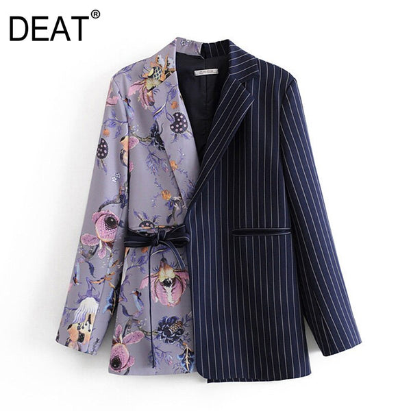 [DEAT] Women Patchwork Printed Striped Blazer Lapel Long Sleeve Loose Fit  Jacket Tide Spring Autumn 2022 ZA3859