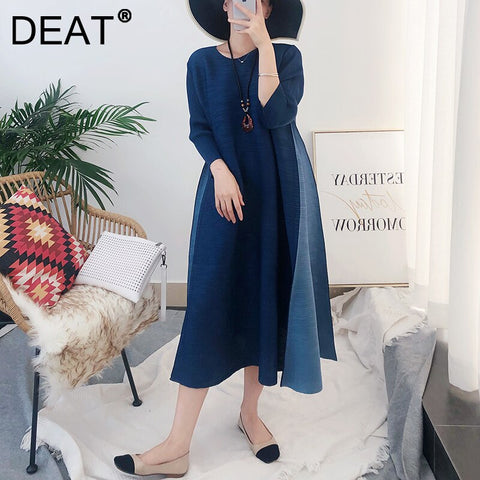 DEAT Women Pleated Maxi Dress Round Collar Seven Sleeve Side Split Patchwork Loose Casual Style 2022 Autumn  15JK94