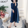 DEAT Women Pleated Maxi Dress Round Collar Seven Sleeve Side Split Patchwork Loose Casual Style 2022 Autumn  15JK94