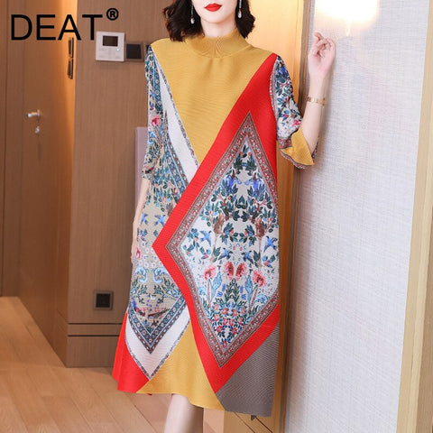 DEAT Women Pleated Midi Dress Color Block Print Stand Collar Seven Sleeve Elegant Casual Style 2022 Autumn 15AK324