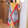 DEAT Women Pleated Midi Dress Color Block Print Stand Collar Seven Sleeve Elegant Casual Style 2022 Autumn 15AK324