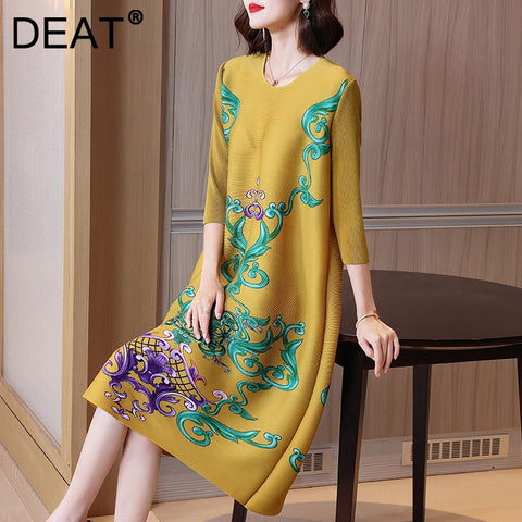 DEAT Women Pleated Midi Dress Hit Color Print Round Collar Seven Sleeve Casual Style Elegant 2022 Autumn 15AK272
