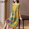 DEAT Women Pleated Midi Dress Hit Color Print Round Collar Seven Sleeve Casual Style Elegant 2022 Autumn 15AK272