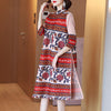 DEAT Women Pleated Midi Dress Print Hit Color Stand Collar Seven Sleeve Elastic Casual Style 2022 Autumn 15JK451