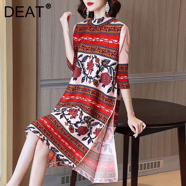 DEAT Women Pleated Midi Dress Print Hit Color Stand Collar Seven Sleeve Elastic Casual Style 2022 Autumn 15JK451