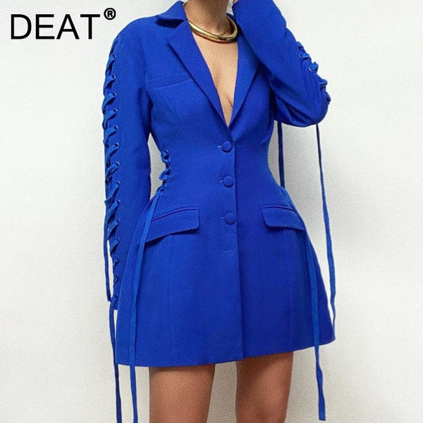DEATwomen Coat Blue Solid Notched Long Sleeve Bandage Cross Slim Waist Casual Style Jackets 2023 Autumn 15JK426