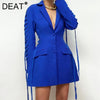 DEATwomen Coat Blue Solid Notched Long Sleeve Bandage Cross Slim Waist Casual Style Jackets 2023 Autumn 15JK426
