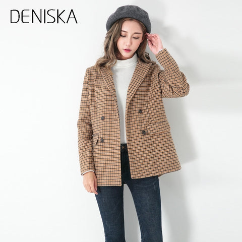 Double Breasted Boyfriend Khaki Plaid Blazer Women Notch Lapel Casual Blazer 2022 Work Wear Blazer For Ladies