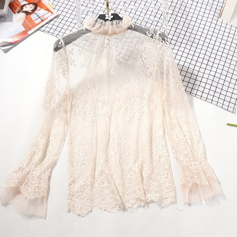 2022 Women Blouses Spring Autumn Fashion Sexy Slim Shirt Tops Lace Long Sleeve Turtleneck Elegant Retro Lace Blouse