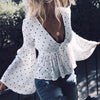 Polka Dot Vintage Blouse Shirt V Neck Flare Sleeve Sexy Women Blouses Ruffle Bow Summer Ladies Tops Casual Shirts