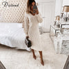 DICLOUD Beige Sweater Dress Woman Autumn Elastic Long Sleeve V Neck Elegant Hollow Midi Party Dresses Knitted New