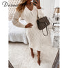 DICLOUD Beige Sweater Dress Woman Autumn Elastic Long Sleeve V Neck Elegant Hollow Midi Party Dresses Knitted New