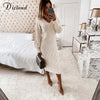 DICLOUD Beige Sweater Dress Woman Autumn Elastic Long Sleeve V Neck Elegant Hollow Midi Party Dresses Knitted New