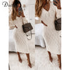 DICLOUD Beige Sweater Dress Woman Autumn Elastic Long Sleeve V Neck Elegant Hollow Midi Party Dresses Knitted New