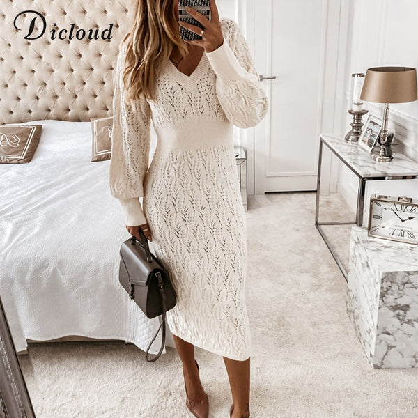DICLOUD Beige Sweater Dress Woman Autumn Elastic Long Sleeve V Neck Elegant Hollow Midi Party Dresses Knitted New