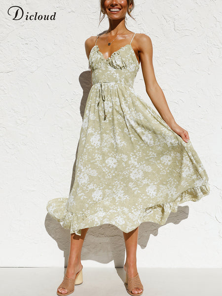 DICLOUD Chic Summer Dress Women Spaghetti Strap Sleeveless Floral Printed Ruched Party Long Maxi Dresses Sexy Vestidos Sundress