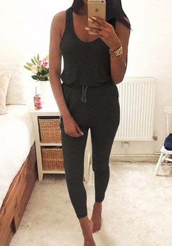 New 2022 Summer Low Cut Rompers Womens Jumpsuit Black Elastic Waist Sleeveless Long Pants Playsuit Strap Pocket Overalls
