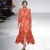DIDACHARM High Quality Long Dress  Spring  Women'S Vintage Elegant Lapel Long Sleeve Button Printing Party Dresses
