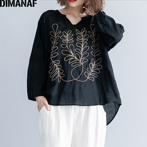 Women Blouse Shirts Autumn Plus Size Vintage Black Embroidery Female Loose Casual Cotton Linen Tops Large Clothing 2022
