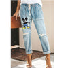 DISNEY Mickey Mouse Women's Jeans Casual Street Hipster Korean Style Straight Leg Pants Ripped Trousers Washed Jeans