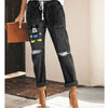 DISNEY Mickey Mouse Women's Jeans Casual Street Hipster Korean Style Straight Leg Pants Ripped Trousers Washed Jeans