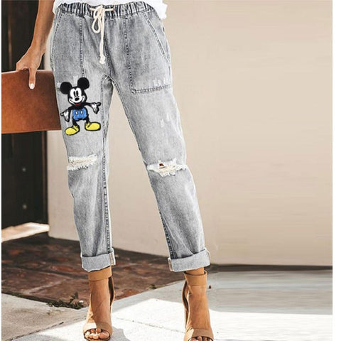 DISNEY Mickey Mouse Women's Jeans Casual Street Hipster Korean Style Straight Leg Pants Ripped Trousers Washed Jeans