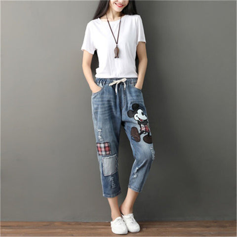 DISNEY Mickey Ripped Boyfriend Jeans For Women Loose Denim Pants Women Elastic Denim Pants Ladies Jeans Women Pants Jean