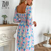 DIWU Floral Print Casual Midi Sexy Party Dresses For Womens Long Sleeve Autumn Summer Dress Club Bodycon Dress A-lined Vestidos