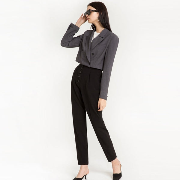 DOMODA 2022 Women Solid Gray Casual Suit Coats Singal Buttons Pockets  Lady Blazers Long Sleeve Female Elegant Slim Outwears