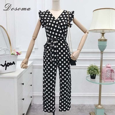 Jumpsuits for women 2022 Fashion dot deep v-neck lace up women's suit summer ruffles sleeve rompers midi womens jumpsuit