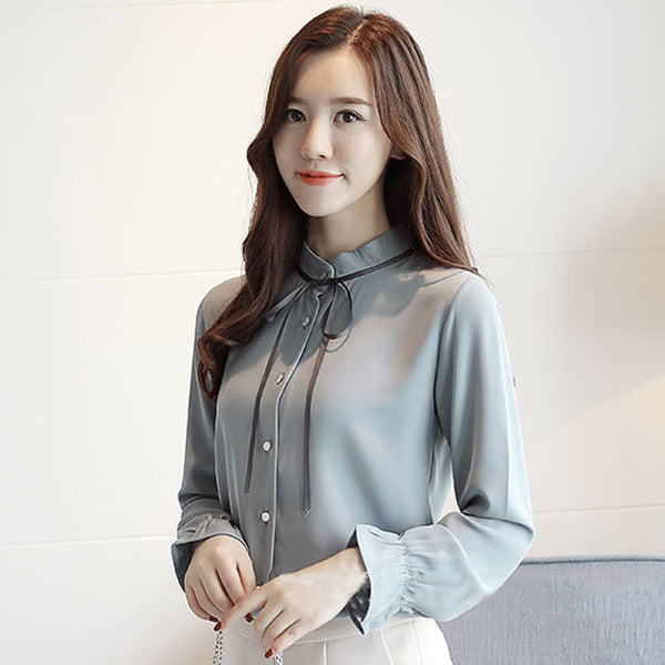 DOUDOULU Female Ladies Clothing Women Lace-up Solid Long Sleeve Chiffon Floral Bow Tie Shirt Top Blouse Moletom Feminino #SS
