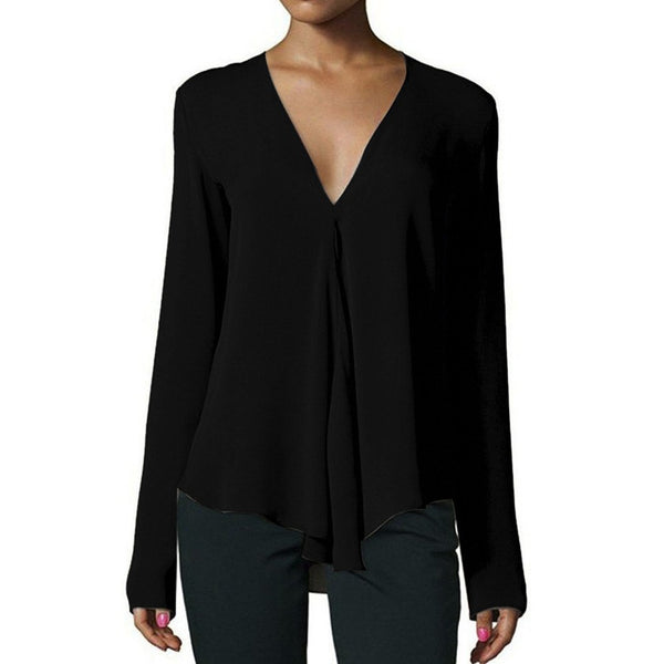DOUDOULU chiffon v neck shirt for women autumn solid color tops and blouse casual loose fashion long sleeve shirts Moletom