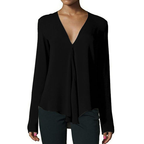 DOUDOULU chiffon v neck shirt for women autumn solid color tops and blouse casual loose fashion long sleeve shirts Moletom