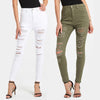 DSQBRAND Women's Jeans High Waist Army Green + White Ripped Tights Street Style Girl Boyfriend Jeans  Long