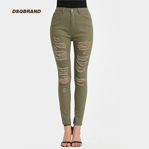DSQBRAND Women's Jeans High Waist Army Green + White Ripped Tights Street Style Girl Boyfriend Jeans  Long