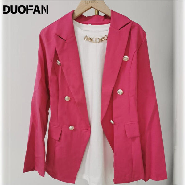 DUOFAN Women's Blazers Double Breasted Long Sleeves Blazer Buttoned Vintage clothes Office Lady Suit Winter Coat