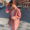 DUOFAN Women's Mid-length Pink Blazers Korean Double-breasted Temperament OL Casual Suit Jacket Loose Straight Coat