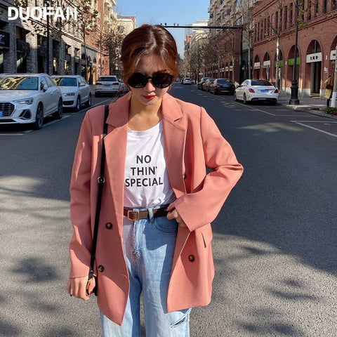 DUOFAN Women's Mid-length Pink Blazers Korean Double-breasted Temperament OL Casual Suit Jacket Loose Straight Coat