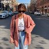 DUOFAN Women's Mid-length Pink Blazers Korean Double-breasted Temperament OL Casual Suit Jacket Loose Straight Coat