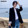 DUOFAN Women's Single-breasted Black Blazers High-quality Korean Loose Retro Casual Slim Ladies Suit Turn Sleeves Contrast Coats