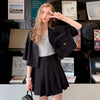 DUOFAN Women's Suits Skirt French Girlfriends Sisters Pleated Skirts Short Sleeve Jacket Two Piece Sets Blazer Skirt Summer