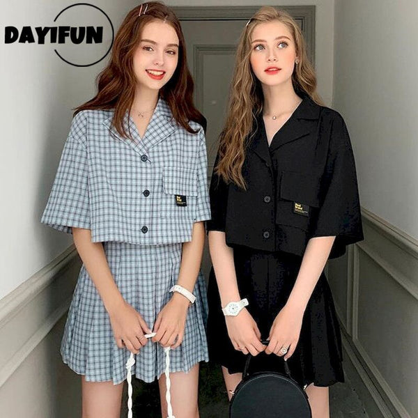 DUOFAN Women's Suits Skirt French Girlfriends Sisters Pleated Skirts Short Sleeve Jacket Two Piece Sets Blazer Skirt Summer