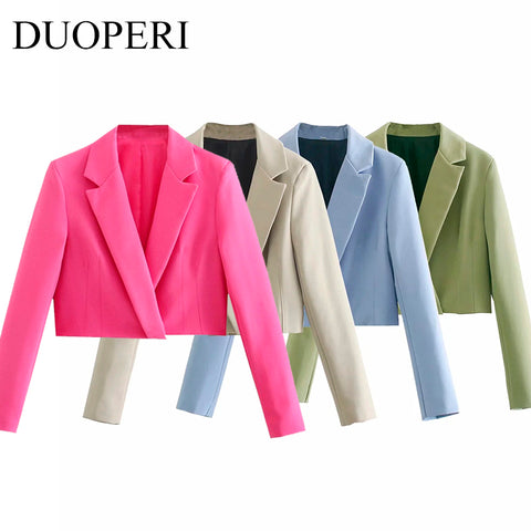 DUOPERI 2023 Cropped Blazer Women Long Sleeves Casual Office Lady Chic Design Short Coat Female Outwear femme veste