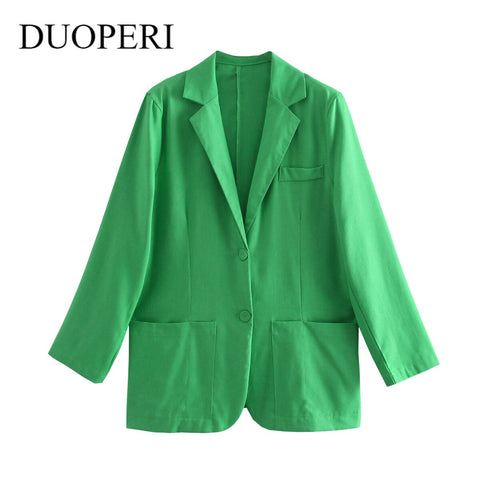 DUOPERI 2022 Women Oversized Blazer With Pockets Casual Long Sleeves basic style Coat Loose Woman Outwear femme veste